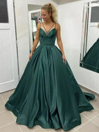 Elegant Long A Line V Neck Satin Open Back Formal Graduation Prom Dresses with Pockets by BIZTUNNEL