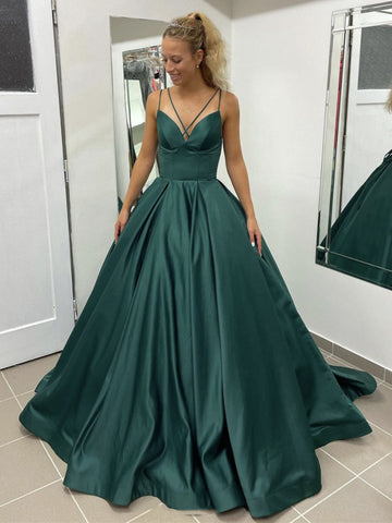Elegante vestido de fiesta formal de graduación con escote en V, de satén, espalda abierta y bolsillos.