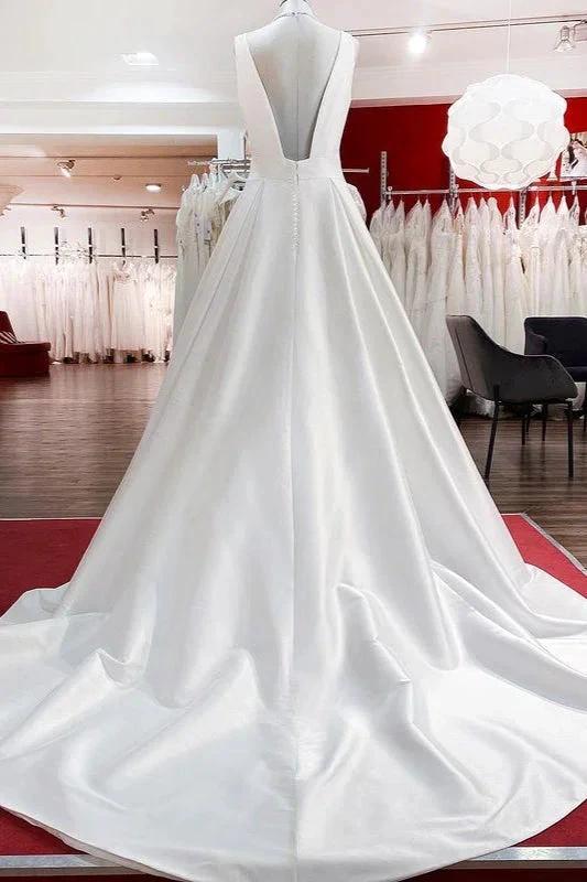 Elegant Long A-line V Neck Satin Ruffles Open Back Wedding Dresses by BIZTUNNEL