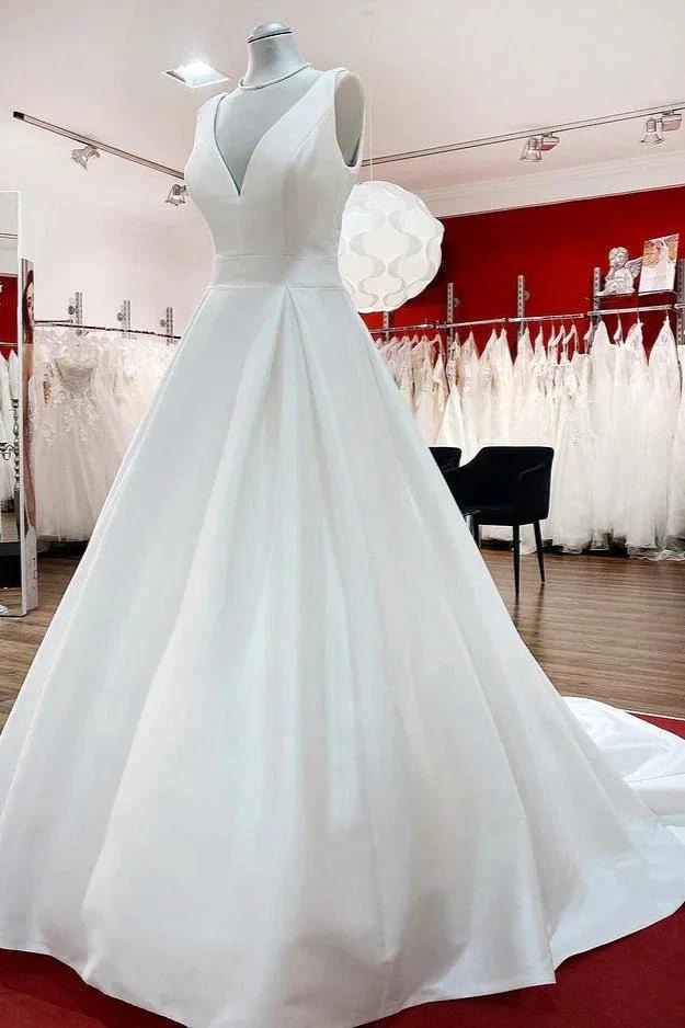 Elegant Long A-line V Neck Satin Ruffles Open Back Wedding Dresses by BIZTUNNEL
