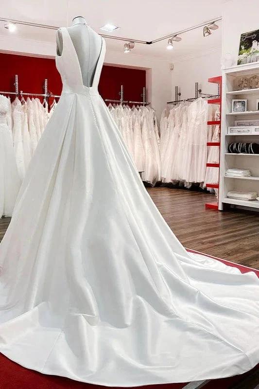 Elegant Long A-line V Neck Satin Ruffles Open Back Wedding Dresses by BIZTUNNEL