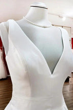 Elegant Long A-line V Neck Satin Ruffles Open Back Wedding Dresses by BIZTUNNEL