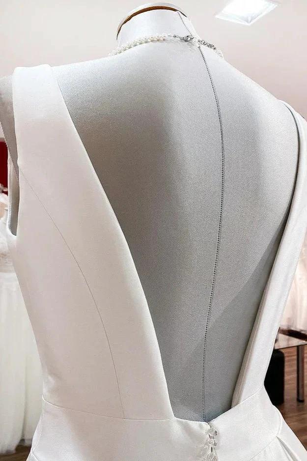 Elegant Long A-line V Neck Satin Ruffles Open Back Wedding Dresses by BIZTUNNEL