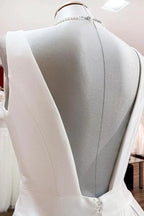 Elegant Long A-line V Neck Satin Ruffles Open Back Wedding Dresses by BIZTUNNEL
