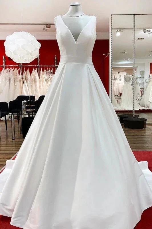 Elegant Long A-line V Neck Satin Ruffles Open Back Wedding Dresses by BIZTUNNEL