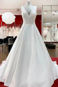 Elegant Long A-line V Neck Satin Ruffles Open Back Wedding Dresses by BIZTUNNEL
