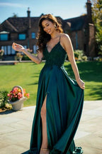 Elegant Long A-line V-neck Satin Sleeveless Prom Dress with Slit by BIZTUNNEL
