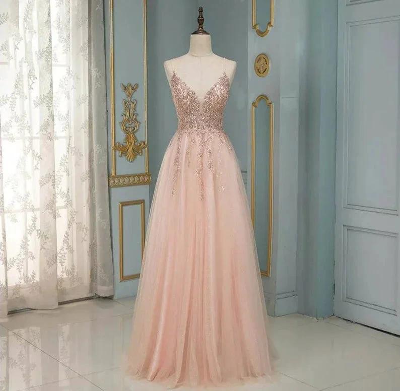 Elegant Long A-line V-neck Sequins Tulle Backless Prom Dress by BIZTUNNEL
