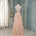 Elegant Long A-line V-neck Sequins Tulle Backless Prom Dress by BIZTUNNEL