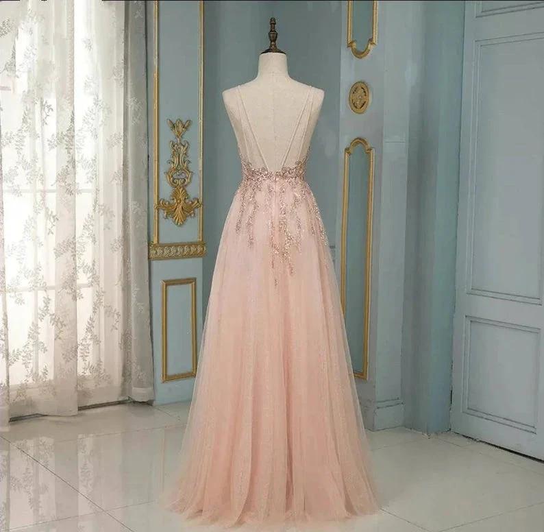 Elegant Long A-line V-neck Sequins Tulle Backless Prom Dress by BIZTUNNEL