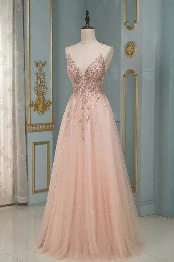 Elegant Long A-line V-neck Sequins Tulle Backless Prom Dress by BIZTUNNEL