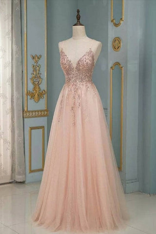 Elegante vestido de fiesta largo de tul con lentejuelas, escote en V y espalda descubierta.