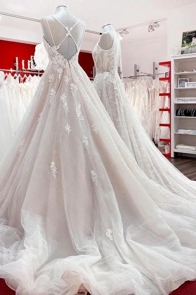 Elegant Long A-line V Neck Sleeveless Ruffles Backless Wedding Dress by BIZTUNNEL