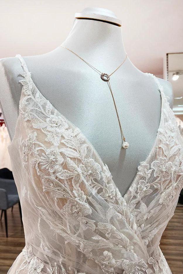 Elegant Long A-line V Neck Sleeveless Ruffles Backless Wedding Dress by BIZTUNNEL