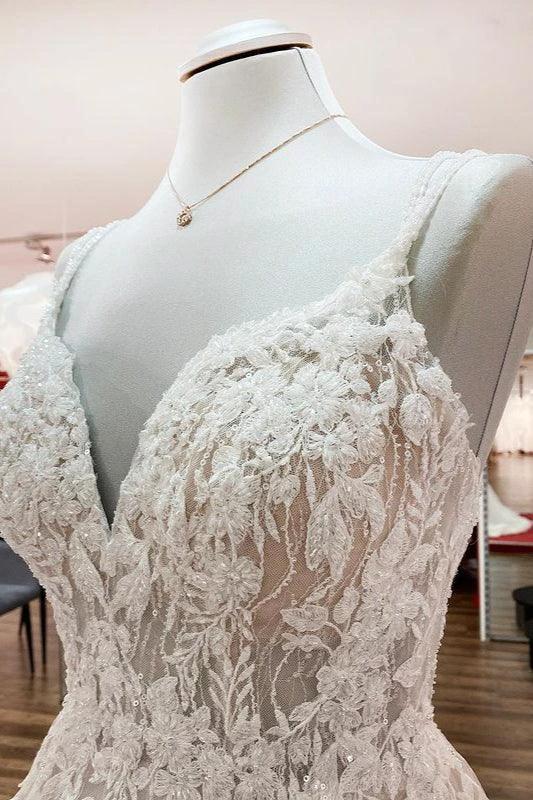 Elegant Long A-line V Neck Sleeveless Ruffles Backless Wedding Dress by BIZTUNNEL