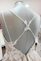 Elegant Long A-line V Neck Sleeveless Ruffles Backless Wedding Dress by BIZTUNNEL