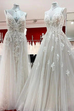 Elegant Long A-line V Neck Sleeveless Ruffles Backless Wedding Dress by BIZTUNNEL