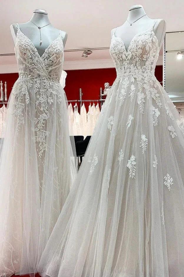 Elegant Long A-line V Neck Sleeveless Ruffles Backless Wedding Dress by BIZTUNNEL