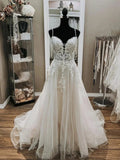 Elegant Long A-line V Neck Spaghetti Straps Lace Tulle Wedding Dresses by BIZTUNNEL
