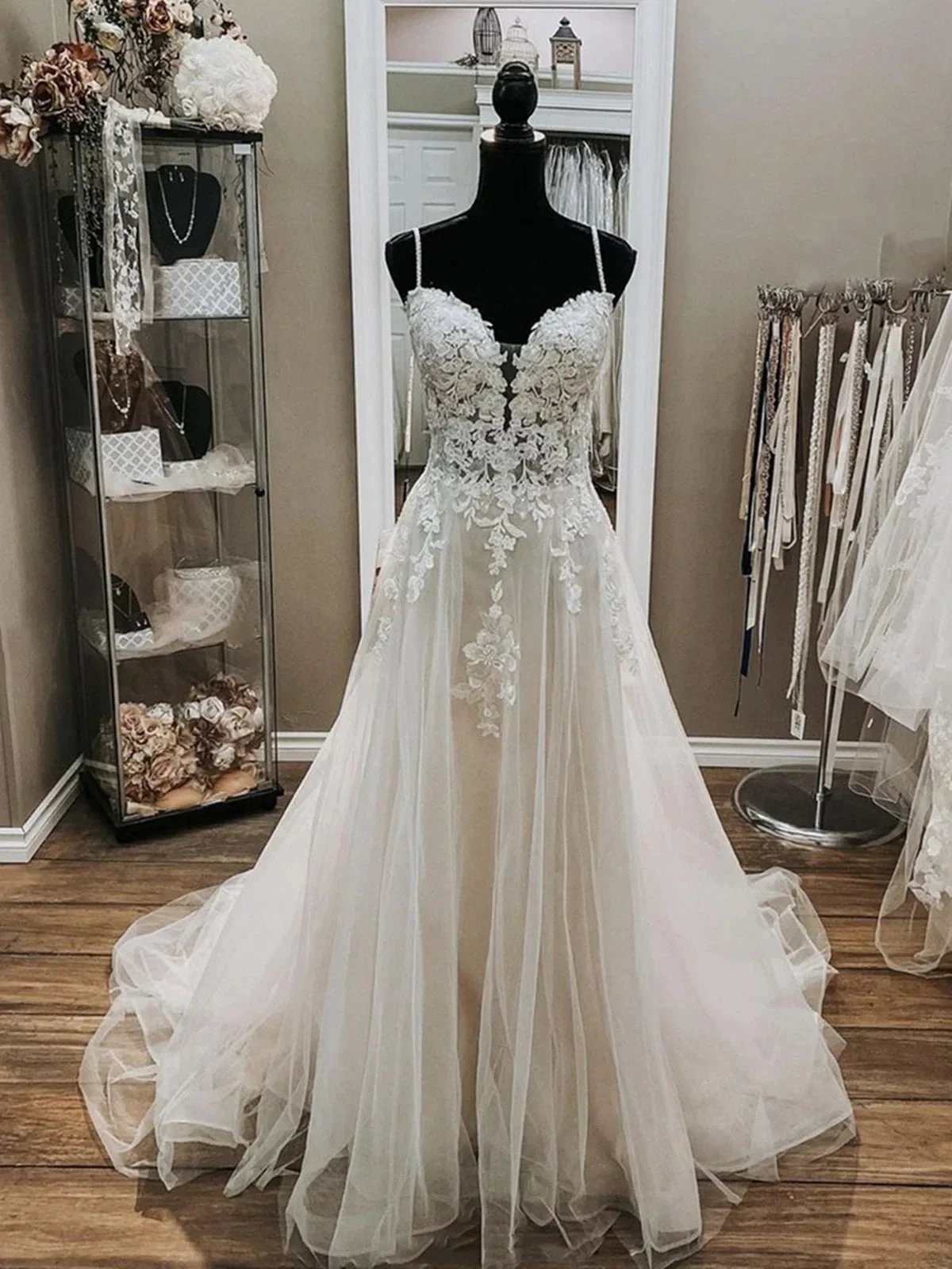 Elegant Long A-line V Neck Spaghetti Straps Lace Tulle Wedding Dresses by BIZTUNNEL