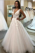 Elegant Long A-line V-neck Tulle 3D Floral Wedding Dress by BIZTUNNEL