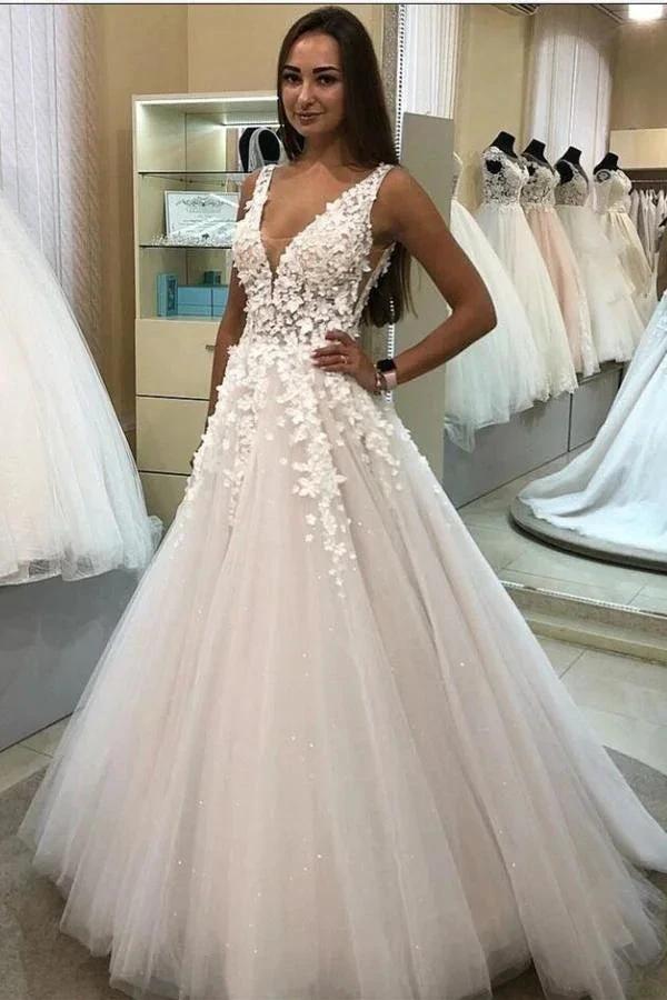 Elegant Long A-line V-neck Tulle 3D Floral Wedding Dress by BIZTUNNEL