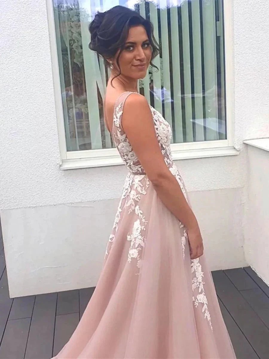 Elegant Long A-line V-neck Tulle Lace Backless Formal Graduation Prom Dresses by BIZTUNNEL
