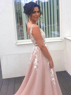 Elegant Long A-line V-neck Tulle Lace Backless Formal Graduation Prom Dresses by BIZTUNNEL