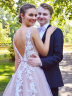 Elegant Long A-line V-neck Tulle Lace Backless Formal Graduation Prom Dresses by BIZTUNNEL
