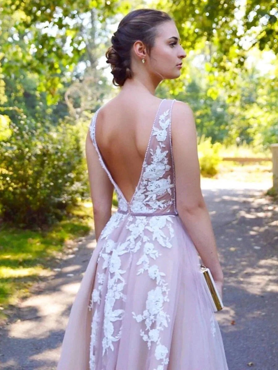 Elegant Long A-line V-neck Tulle Lace Backless Formal Graduation Prom Dresses by BIZTUNNEL