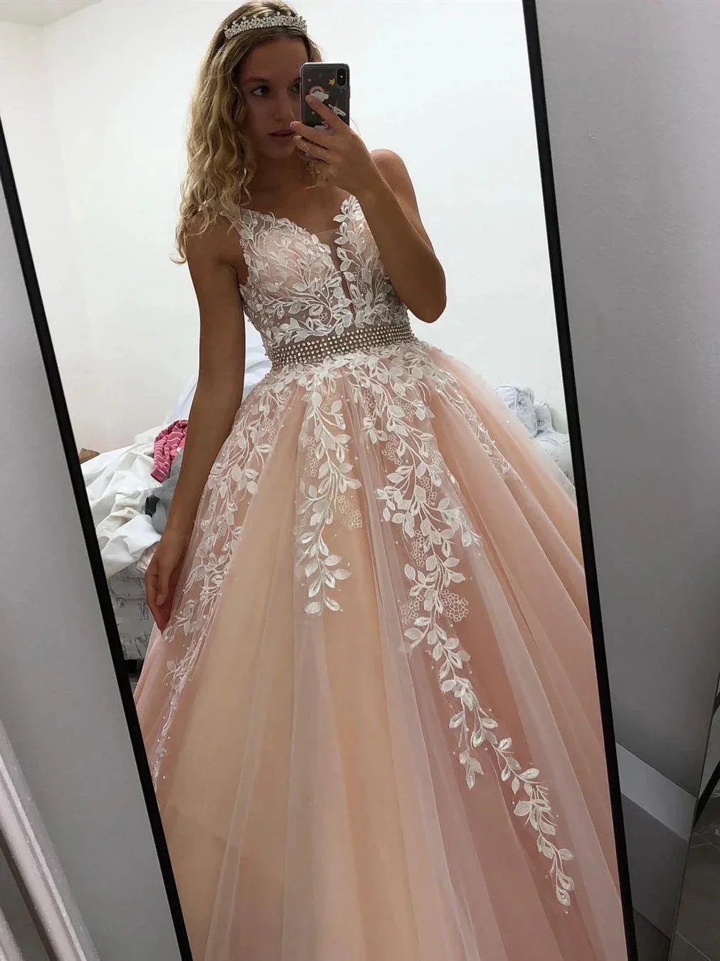 Elegant Long A-line V-neck Tulle Lace Backless Formal Prom Dresses by BIZTUNNEL