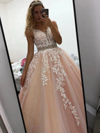 Elegant Long A-line V-neck Tulle Lace Backless Formal Prom Dresses by BIZTUNNEL