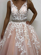 Elegant Long A-line V-neck Tulle Lace Backless Formal Prom Dresses by BIZTUNNEL