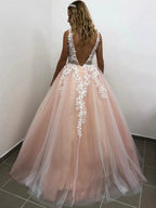 Elegant Long A-line V-neck Tulle Lace Backless Formal Prom Dresses by BIZTUNNEL