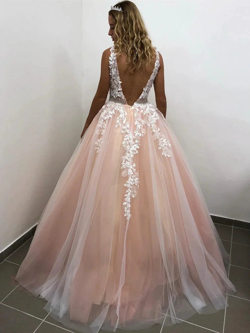 Elegant Long A-line V-neck Tulle Lace Backless Formal Prom Dresses by BIZTUNNEL