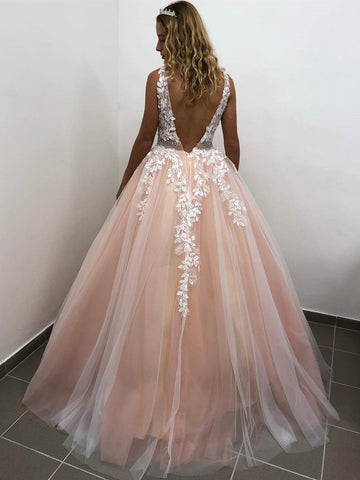 Elegantes langes rückenfreies A-Linien-Ballkleid mit V-Ausschnitt und Tüllspitze