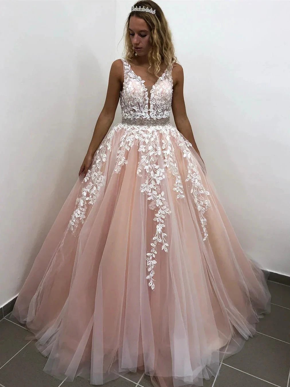 Elegant Long A-line V-neck Tulle Lace Backless Formal Prom Dresses by BIZTUNNEL