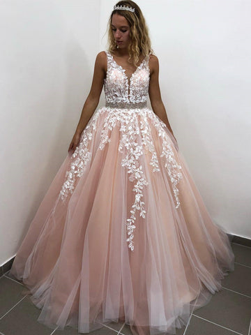Elegantes langes rückenfreies A-Linien-Ballkleid mit V-Ausschnitt und Tüllspitze