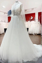 Elegant Long A-line V Neck Tulle Lace Open Back Wedding Dress by BIZTUNNEL