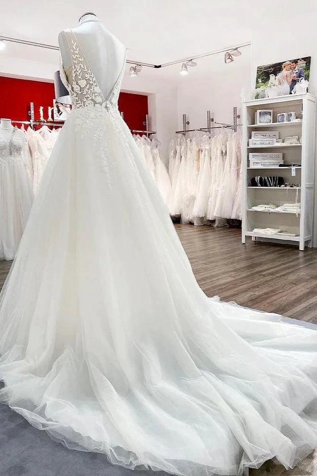 Elegant Long A-line V Neck Tulle Lace Open Back Wedding Dress by BIZTUNNEL