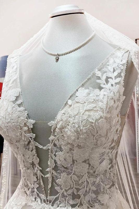 Elegant Long A-line V Neck Tulle Lace Open Back Wedding Dress by BIZTUNNEL