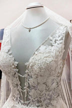 Elegant Long A-line V Neck Tulle Lace Open Back Wedding Dress by BIZTUNNEL