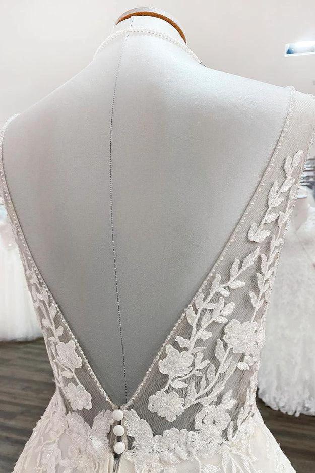 Elegant Long A-line V Neck Tulle Lace Open Back Wedding Dress by BIZTUNNEL