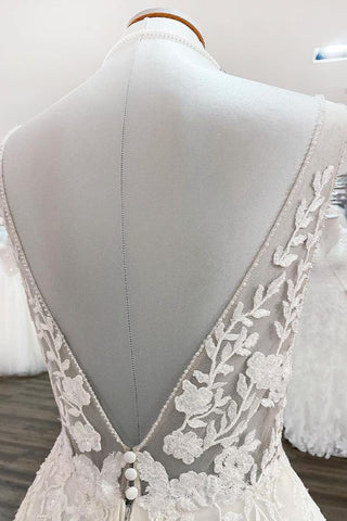 Elegant Long A-line V Neck Tulle Lace Open Back Wedding Dress