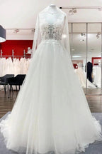 Elegant Long A-line V Neck Tulle Lace Open Back Wedding Dress by BIZTUNNEL
