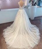 Elegant Long A-line V-neck Tulle Lace Wedding Dress by BIZTUNNEL