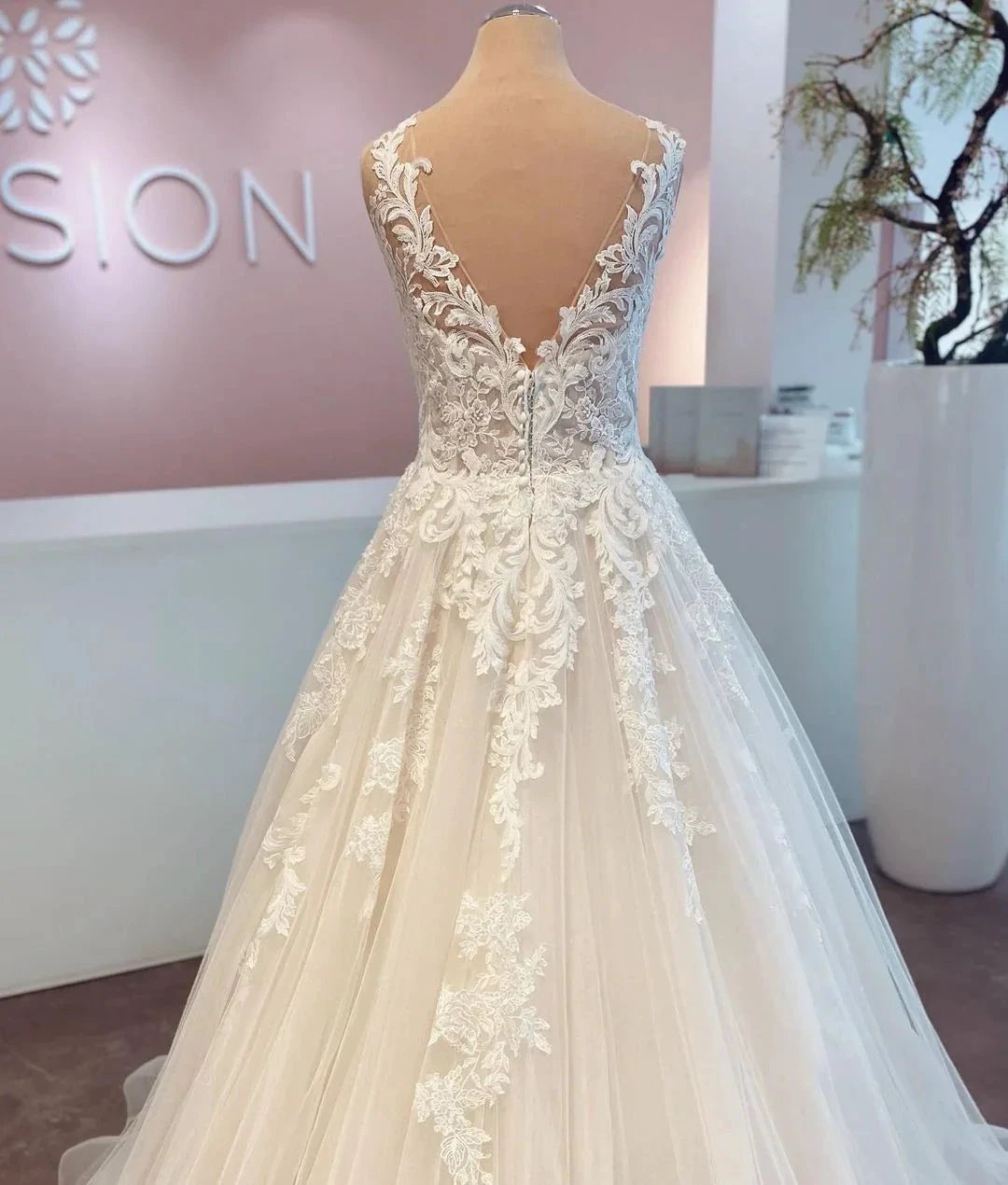 Elegant Long A-line V-neck Tulle Lace Wedding Dress by BIZTUNNEL