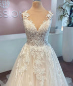 Elegant Long A-line V-neck Tulle Lace Wedding Dress by BIZTUNNEL