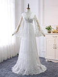 Elegant Long A-line V-Neck Tulle Lace Wedding Dresses with Sleeves by BIZTUNNEL