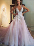 Elegant Long A-Line V Neck Tulle Lace Wedding Dresses by BIZTUNNEL